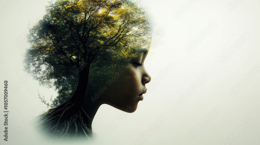 Poster serene double exposure of child profile with tree, symbolizing nature and growth. image evokes sense