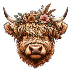 Boho Style Floral Highland Cow Illustration - Generative AI