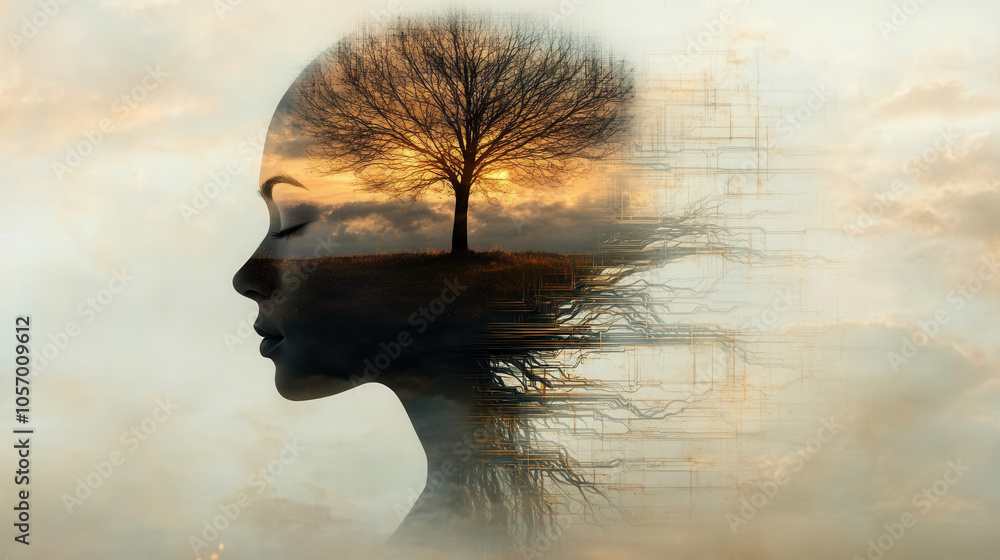 Poster double exposure image of serene profile with tree and sunset, symbolizing hope and connection to nat
