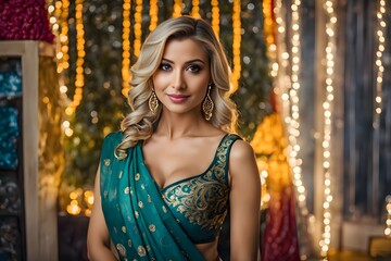 A blonde woman wearing a saree for the festive season	
