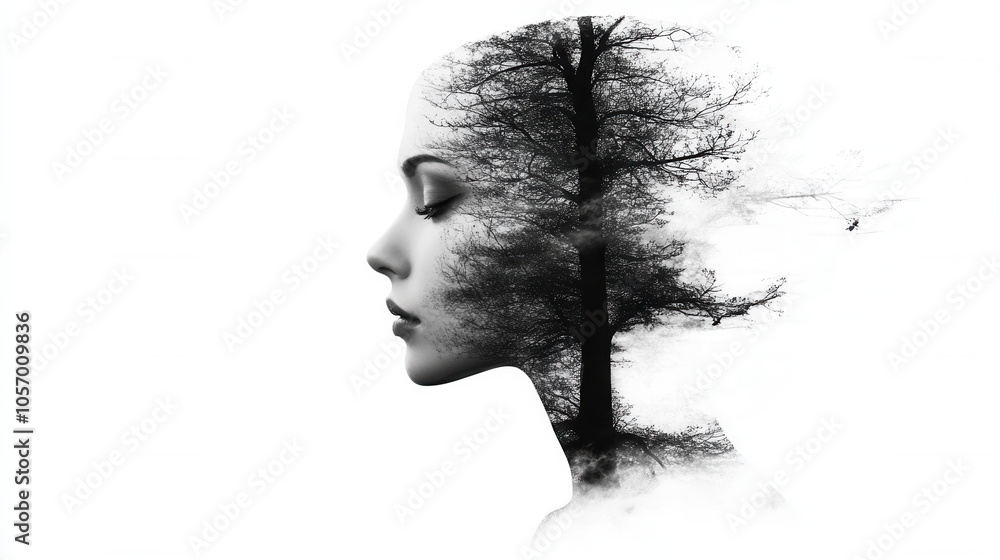 Poster double exposure image featuring woman profile blended with tree silhouette, creating serene and powe