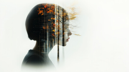 Whimsical double exposure portrait of woman with autumn trees. blend of nature and technology creates serene and contemplative atmosphere