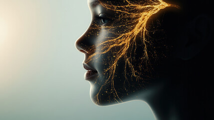 dynamic portrait showcasing profile with glowing neural patterns, symbolizing creativity and innovation. image evokes sense of wonder and exploration