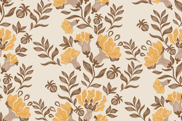 Autumn pattern flower wallpaper seamless design earth tone brown orange floral motif with leaf branch. Hand drawn minimal ditsy tapestry vector illustration.