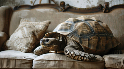 Turtle on armchair, having new pet at home. Love, care tired baby animal. Animal shelter adoption, finding new home. Relaxed exotic sleeping napping in living room. 