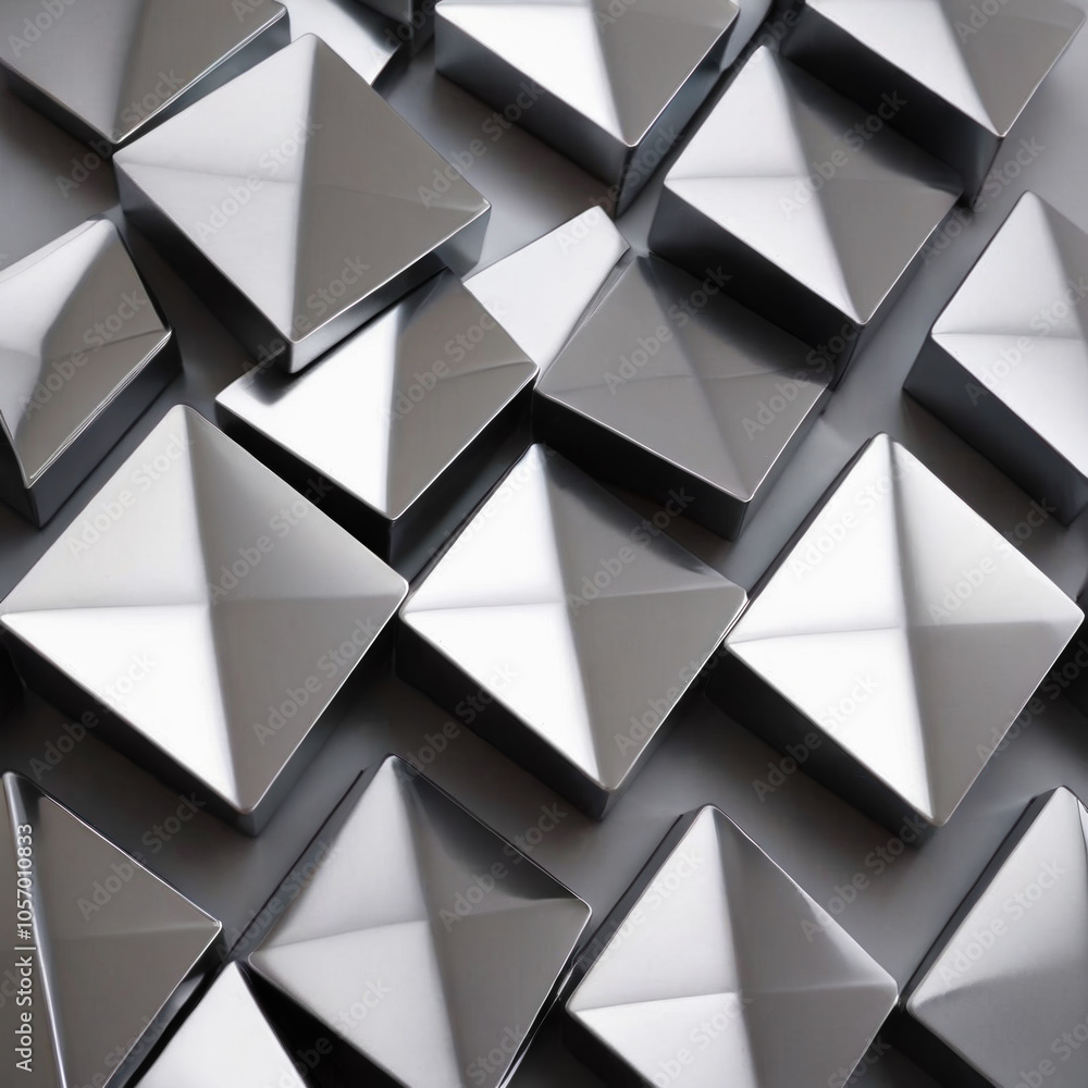 Poster geometric arrangement of metallic pyramids reflecting light and casting shadows, creating an abstrac