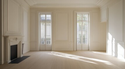 Fototapeta premium Spacious, empty room with sunlight pouring in through a single window, illuminating the clean, white walls and light wood flooring.