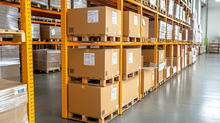 A warehouse aisle lined with neatly stacked cardboard boxes on shelves, showcasing organized storage and efficient inventory management.