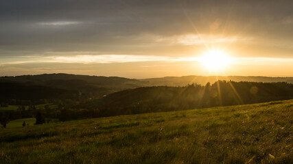 Sunset from Panský kopec in the Orlické Mountains and a view of the Czech landscape.
