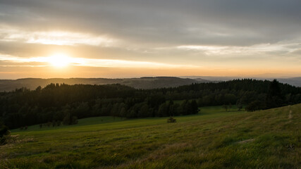 Sunset from Panský kopec in the Orlické Mountains and a view of the Czech landscape.