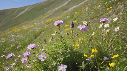 Wildflowers in bloom on a sunny hillside