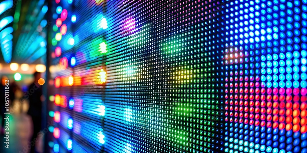 Poster bokeh effect dotmatrix display with alphabet - vibrant digital art background for tech and design pr
