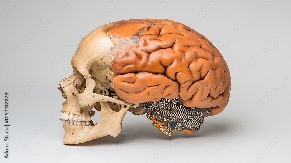 Poster exploring the intersection of anatomy and technology a unique representation of a human skull merged