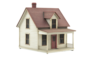 A charming, model wooden house with a porch, featuring a sloped roof and inviting design.