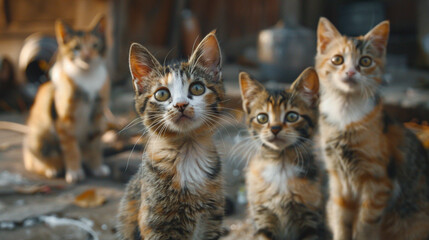 Many kittens cats look into camera in animal shelter. Looking for home and new owner. Adopt a friend, per adoption concept