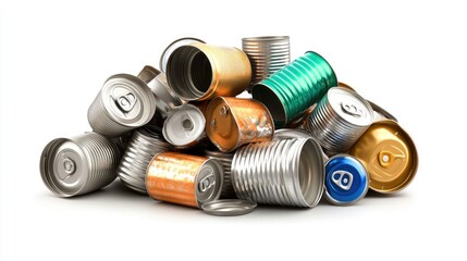 A colorful collection of various metal food cans stacked together on a white background, showcasing diverse shapes and sizes