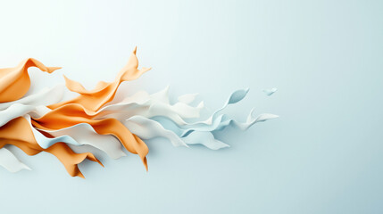 Abstract 3D illustration of flowing ribbons in orange, white, and blue tones on a light blue background, creating a dynamic and fluid visual effect.