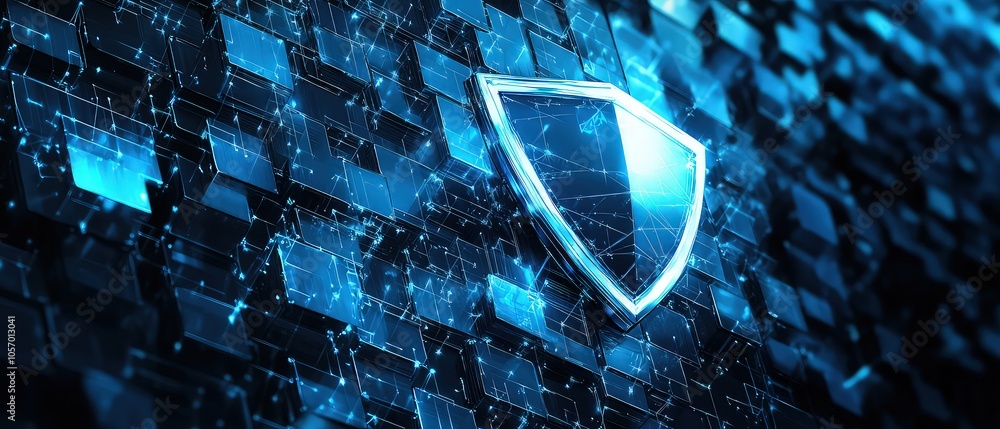 Poster a digital shield symbolizing cybersecurity amidst a network of data.