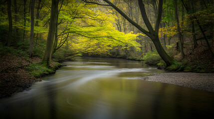 Obraz premium A calm river flows through a forest with golden leaves, creating a peaceful and serene atmosphere.