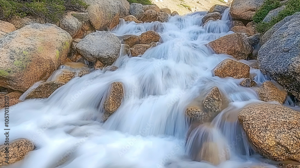 Poster a cascading waterfall flows over smooth rocks in a mountain stream.