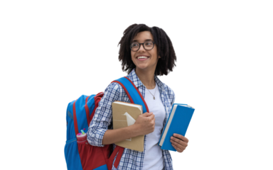 Excited university student woman with backpack and book in hand, smiling and ready for her study abroad adventure. Ideal for education, travel, and youth lifestyle themes.