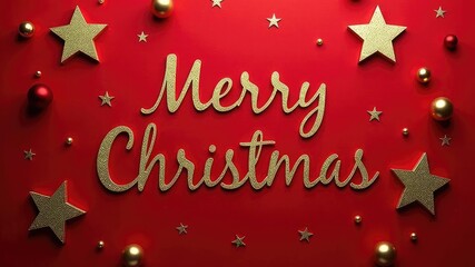 Golden Inscription merry Christmas on red background, surrounded by golden stars.