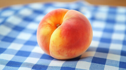 peaches on a table, A fresh peach on a blue gingham-patterned cloth, fruit