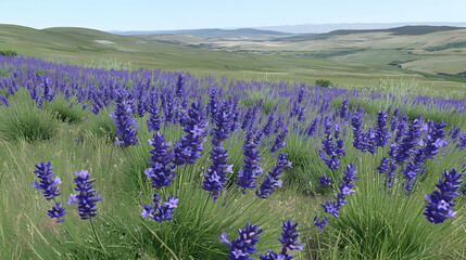 Fototapeta premium A field of lavender flowers in bloom, with rolling hills in the background.