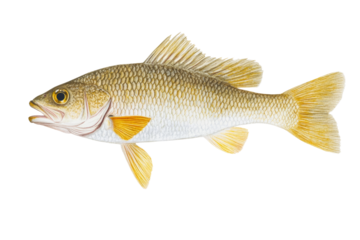 A detailed, side view of a fish with yellow fins, isolated on a white background.