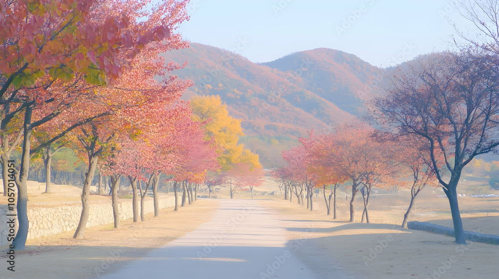 Poster a misty autumn path lined with colorful trees leading to a mountain range.