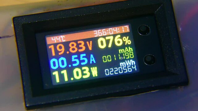The display shows real-time metrics for voltage, current, and power consumption while operating at a high temperature, important for monitoring electronic devices.