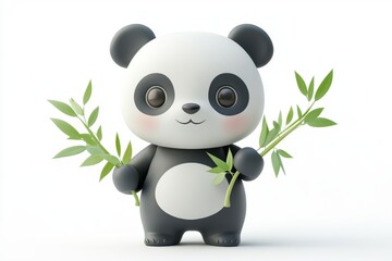Obraz premium Cute Cartoon Panda Holding Bamboo Shoots