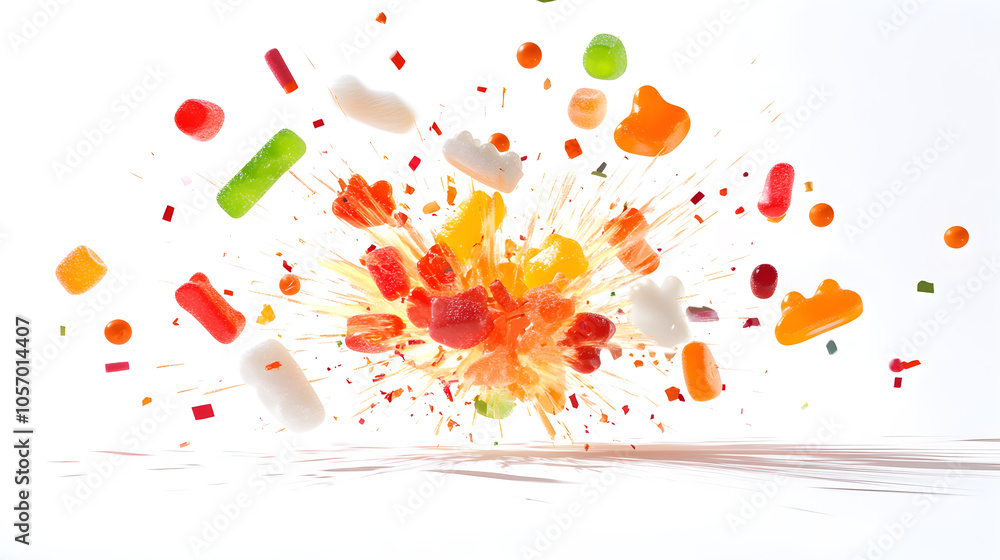 Poster various types of candy bursting out in a controlled explosion, with sharp shadows