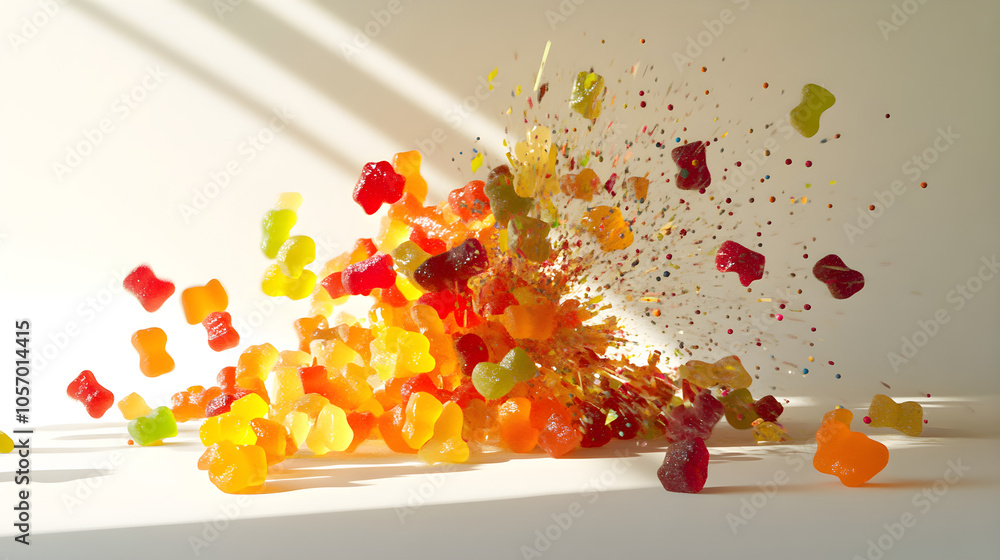 Poster various types of candy bursting out in a controlled explosion, with sharp shadows