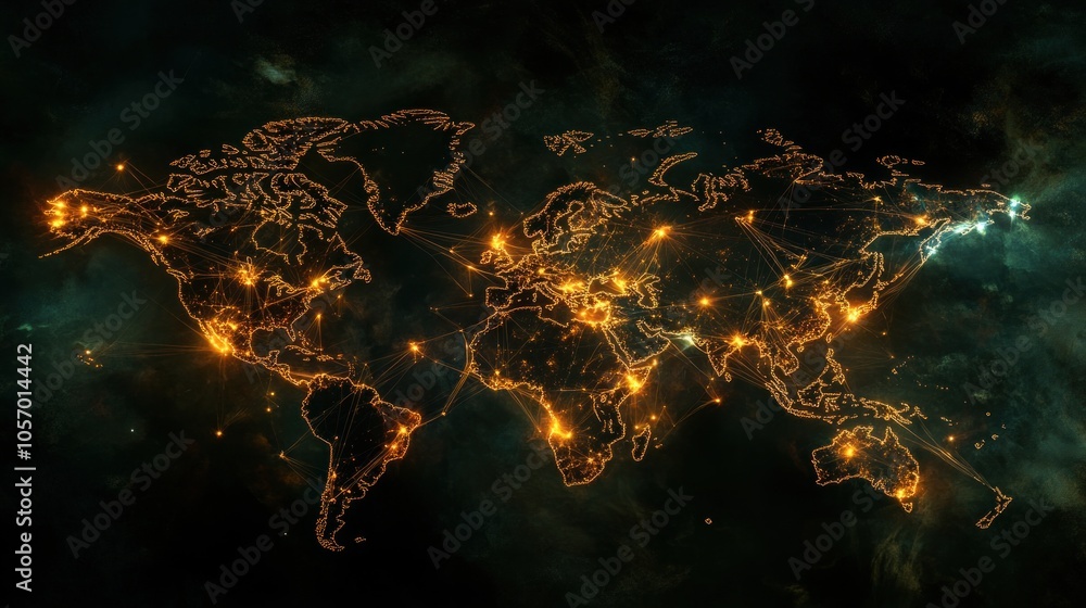 Poster a glowing world map with interconnected points, symbolizing global connectivity.