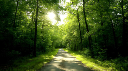 Fototapeta premium A paved road winds through a lush green forest with sunlight streaming through the trees.