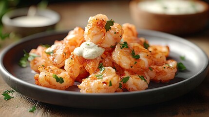 shrimp tapa with mayonnaise on a single plate, food Photography, Unreal Engine, Cinematic, Color Grading, Editorial Photography, 70mm lens, generative ai