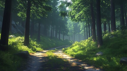 Sunlit forest path surrounded by trees