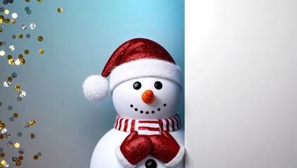 Smiling snowman with a red hat and scarf peeking around a blank white copy space, surrounded by festive snowflakes