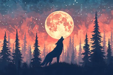 A Silhouetted Wolf Howling at the Full Moon in a Forest