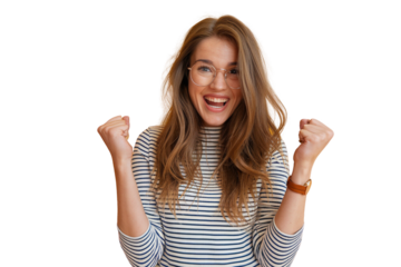 Joyful young woman smiling with excitement, expressing happiness and positivity. Ideal for lifestyle, emotions, and social connection themes.

