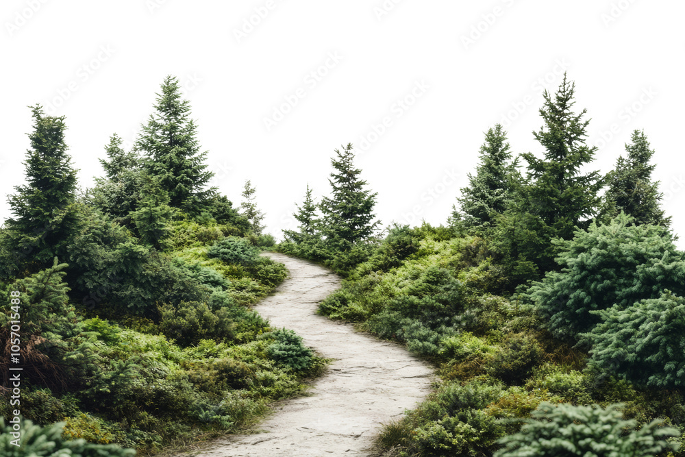 Aufkleber a peaceful path winding through lush greenery and dense pine trees, inviting exploration and adventu