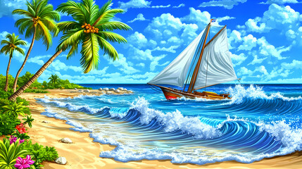 Obraz premium A sailboat with white sails on a blue sea with waves crashing on the shore of a tropical beach with palm trees.