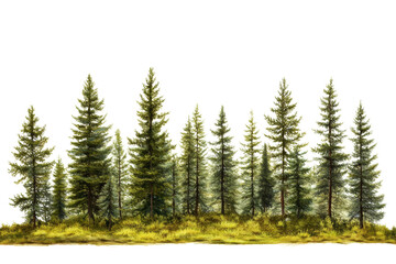 Fototapeta premium A serene collection of tall evergreen trees against a white isolated background, perfect for nature-themed designs.