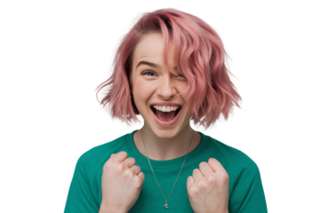 Joyful young woman smiling with excitement, expressing happiness and positivity. Ideal for lifestyle, emotions, and social connection themes.

