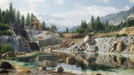 Illustrate the challenges of sustainable mining practices with immersive 3D renders of reclamation and rehabilitation efforts