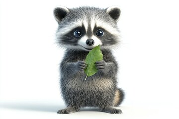 Fototapeta premium Cute Cartoon Raccoon Holding a Leaf on White Background