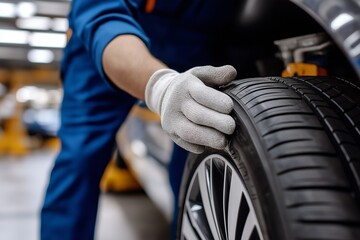 Obraz premium Auto repair worker works with a car wheel. Tire service. Car repair and maintenance. Seasonal replacement of car tires
