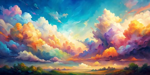 Golden Hour Dreamscape An Oil Painting of Vibrant Clouds and a Serene Landscape