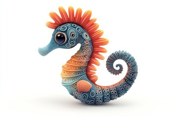 Fototapeta premium Cartoon Sea Horse with Orange Crest and Blue Pattern